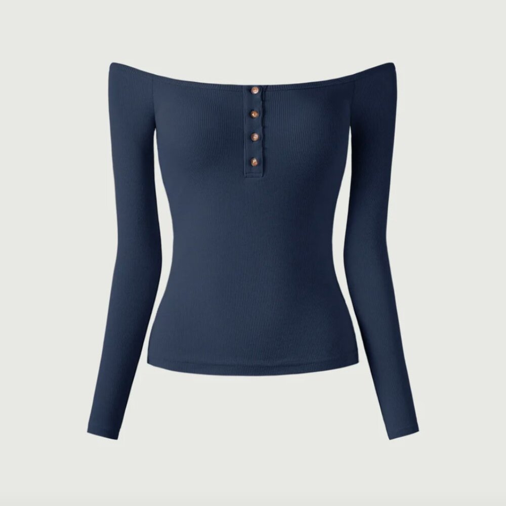 OGL Move Off-The-Shoulder Henley Brami Top - Navy
